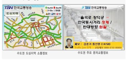 TBN 한국교통방송 : 서울/수도권, 부산, 광주, 대구, 대전, 인천, 원주, 전주 지역 교통정보, 고속도로 상황 등 안내.