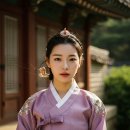 한옥 앞 연보라 한복 이미지