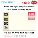 ZHNUWIE 가정용 프로젝터 스크린, 흰색 그리드 빛 방지 16:9 프로젝션 스크린, 휴대용 반사 천, 72, 84, 100, 120 이미지