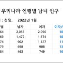 우리나라 연령별 남녀 인구수 이미지