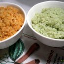 구기자 밥과 녹차 당근잎밥,,달걀밥,천연 염색쌀 흰쌀 천연컬러염색 이미지