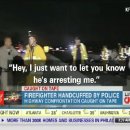 Firefighter Handcuffed by a Police Officer (결찰이 근무중인 소방관에게 수갑 채워) 이미지
