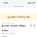 [판매종료] 알뜰폰 데이터 11GB + 매일 2GB + 3Mbps 990원(4개월 할인) 이미지