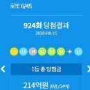 로또 924회 당첨번호 1등 2등 금액 당첨 지역 판매점 8월 15일 추첨